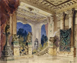 Diseño de escenario para la ópera La rosa escarlata de N. Krotkov, 1884