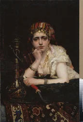 Una odalisca. (Retrato de mujer de harén, de mirada melancólica, sosteniendo un narguile). Pintura de Vasili Dmitrievich Polenov (1844-1927), óleo sobre lienzo. Arte ruso del siglo XIX, orientalismo. Museo Nacional de Arte de la República Bielorrusa, Minsk