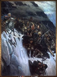 Campaña italiana (1799-1800): la marcha de Alexander Suvorov (Suwarow o Souwarow Rimniski o Rimnitskoi) (1729-1800) y las tropas rusas a través de los Alpes en 1799 - Marcha de Suvorov a través de los Alpes en 1799 - Pintura de Vasily Ivanovich Surikov