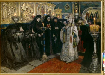 La Gran Duquesa visitando un convento. (Tsarevna visitó un convento). Pintura de Vasilli Ivanovich Sourikov (Vasily Surikov o Vasily Surikow) (1848-1916), óleo sobre lienzo