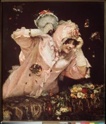 Escena de carnaval en Roma (Italia) (Una mujer joven apoyada en un balcón, recibiendo y lanzando ramos de flores) - Escena de carnaval en Roma - Pintura de Vasilli Ivanovich Surikov (Vasily Surikov o Vassili Surikow) (1848-1916), óleo sobre Web