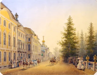 La entrada principal del Gran Palacio en Peterhof, 1852