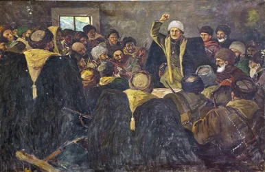 Grigory Konstantinovitch Ordjonikidze (1886-1937) - Sergo Ordzhonikidze en el Cáucaso Norte par Krotkov, Vasily Anfimovich (1880-1939). Óleo sobre lienzo, tamaño : 100x150