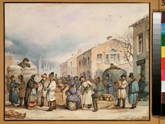 El mercado del heno en San Petersburgo - Obra de Vasili Ivanovich Shternberg (1818-1845), acuarela sobre papel