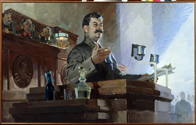 Joseph Stalin (Stalin) (Joseph Vissarionovich Dzhugashvili) (1879-1953) redefinió la constitución soviética (constitución de Stalin) en el 8º Congreso Extraordinario de los Soviets el 5 de diciembre de 1936. Vyacheslav Molotov (1890-1986) se ve en el dr