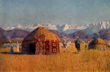 Yurta kirguís junto al río Chu, 1869-1870