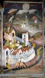 Diciembre: los leñadores recogen la madera y la llevan a la ciudad de Trento donde se representan la muralla y el castillo de Buonconsiglio.