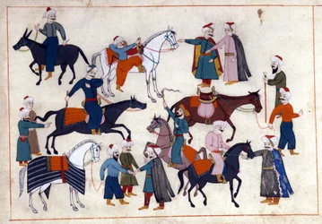 Un mercado de caballos en Turquía bajo el Imperio Otomano. Miniatura de "Memoriales Turcos" (códice Cicogna 1971 "Memorie Turchesche") Acuarela de la escuela veneciana del siglo XVII.
