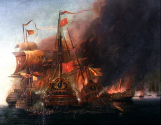 Batalla entre las flotas otomanas y las flotas venecianas frente a Famagusta durante el asedio de Chipre en 1570. Pintura de la escuela veneciana del siglo XVI. Estambul, Museo Naval