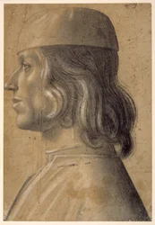 Retrato de busto de un hombre de perfil a la izquierda, con gorra
