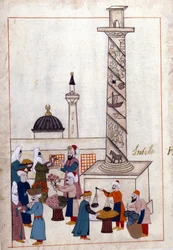 Constantinopla; el bazar (o paseos) cerca del obelisco. Miniatura de “Memorias Turcas” (códice Cicogna 1971 “Memorie Turchesche”).