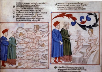 Dante y Virgilio en conversación con Grifolino de Arezzo y Capocchio de Siena. Siglo XIV (miniatura)