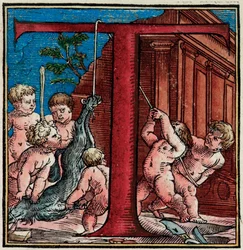Inicial T, (detalle) de una página de "De Humani Corporis Fabrica Libri Septem" de Andreas Vesalius