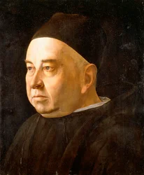 Retrato de un eclesiástico, busto, con abrigo y gorro negros, hacia 1490