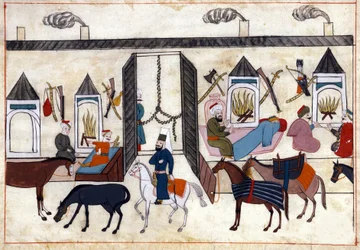 Vista del interior de una caravana en Turquía bajo el Imperio Otomano. Miniatura de “Memorias Turcas” (códice Cicogna 1971 “Memorie Turchesche”) Acuarela de la escuela veneciana del siglo XVII.