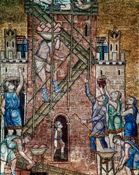 Arquitectura bizantina: «La construcción de la Torre de Babel». En la obra, los albañiles, subidos a los andamios, colocan las piedras de la torre. Mosaico realizado por artistas venecianos, siglo XIII, basílica de San Marcos, Venecia