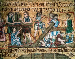 Arquitectura bizantina: "la construcción de la torre de Babel" En el sitio, trabajadores y carpinteros aserran tablas. Mosaico realizado por artistas venecianos del siglo XIII Basílica de San Marcos