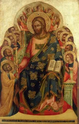 Cristo entronizado con santos y ángeles entregando la llave a San Pedro