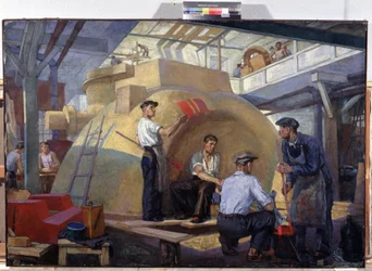 Modelo de construcción. Pintura de Veniamin Pavlovich Belkin (1884-1951), óleo sobre lienzo, ca. 1930. Arte ruso, siglo XX. La propaganda soviética. Museo Regional de Arte M.Vrubel, Omsk (Rusia)