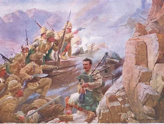 El asalto de Dargai, ilustración de la Historia de Inglaterra de Cassell, 1900s