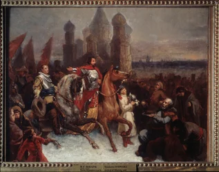 La entrada del zar Vasili IV de Rusia y el conde Jakob de La Gardie (1583-1652) de Rusia y el conde Jacob (Jacques) de la Gardie en Moscú - Pintura de Vyacheslav Grigoryevich Schwarz (1838-18)
