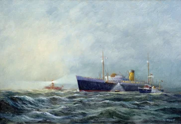 Un pathfinder (lancha motora biplaza), dejando un avión de pasajeros frente al lighthouse boat (barco faro) frente a Harwich (Inglaterra). Óleo sobre lienzo de Vic Trevett ()