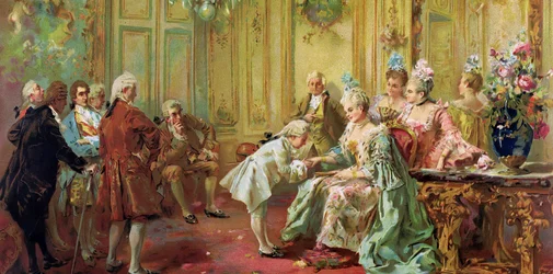 Wolfang Amadeus Mozart (1756-1791) en casa de Madame (Marquesa) de Pompadour (familia de Mozart, durante la gira europea) (1763-1766) - Arte académico: La presentación del joven Mozart a Mme de Pompadour en Versalles en 1763 por Paredes, Vicente Gar