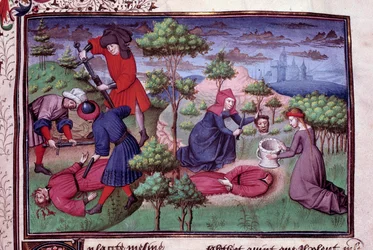 Escena de asesinato de dos hombres a quienes sus asesinos cortan las cabezas. Página de un manuscrito francés del «Decamerón» de Giovanni Boccaccio, llamado Jean Boccace (1313-1375), escritor italiano, iluminado por el Maestro de Mansel. 1450, París