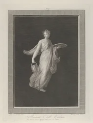 Una bacante parcialmente desnuda sosteniendo un disco en su mano izquierda levantada y un cubo en h..., ca. 1795-1820