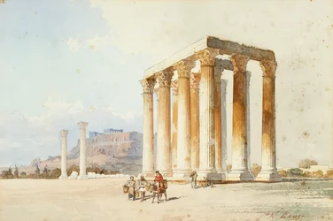 Templo de Zeus con la Acrópolis, Partenón, Atenas (acuarela y acuarela)