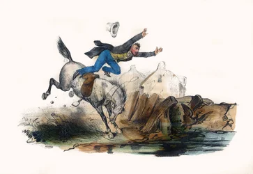 Un jinete cae después de la carrera de su caballo. En "Album Grotesque, Choices of Outstanding Types", ilustraciones de Victor Adam, París, circa 1850.