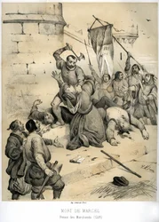 Asesinato de Etienne Marcel, rico dibujante y Prevot des merchants (1316-1358) por el echevin Jean Maillart, uno de los líderes del partido realista, en julio de 1358. Grabado de Victor Adam (1801-1866) en el libro "France in the Middle Ages" publicado