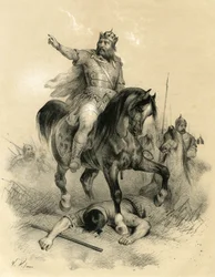 Atila (v. 395-453) único jefe de los hunos en 445, asoló los imperios de Oriente y Occidente - Invasiones bárbaras - Grabado de Victor Adam (1801-1866) en el libro "Francia en la Edad Media" publicado por los hermanos Ardant a mediados del