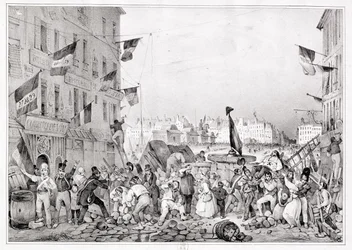 Barricada en la Rue Dauphine, 29 de julio de 1830, grabado por H. Delaporte