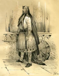 Clodión el Cabelludo, jefe de los francos salios desde alrededor de 428 hasta su muerte en 447, probable antepasado de los merovingios. Grabado de Victor Adam (1801-1866) en el libro «Francia en la Edad Media», publicado por los hermanos Ardant a mediados