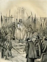Coronación de Hugues Capet (941-996) en Noyon en 987. Esta coronación marcó el inicio de la dinastía de los Capetos, reyes de Francia que reinaron, en sucesión directa o indirecta, durante 8 años. Grabado de Victor Adam (1801-1866) en el libro "France in t