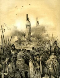 Muerte en la carnicería de Jacques de Molay (Molai) (1243-1314), último gran maestre de la Orden de los Templarios (1298). Philippe le Bel lo hizo arrestar (1307) torturar y encarcelar antes de quemarlo vivo, con el comandante de Normandía, Geoffroy de Cha