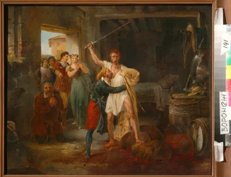 Don Quijote luchando contra ciertos odres de vino tinto