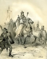 El emperador Carlomagno, portando los emblemas del poder, cabalga al frente de sus tropas soldados con armadura. Grabado de Victor Adam (1801-1866) en el libro "Francia en la Edad Media" publicado por los hermanos Ardant a mediados del siglo XIX.