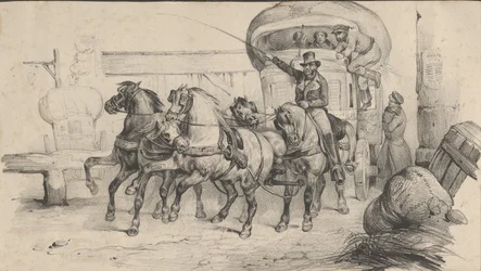 Cinco caballos tirando de un carruaje con pasajeros