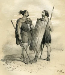 Guerreros francos y sicambres hacia el año 254. Los sicambres eran un pueblo germánico al sur del Lippe, subordinado por los romanos en el siglo VIII e integrado después en el pueblo franco. Grabado de Victor Adam (1801-1866) en el libro "France in t