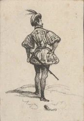 Hombre con espada y sombrero con plumas, visto desde atrás, mediados del siglo XIX