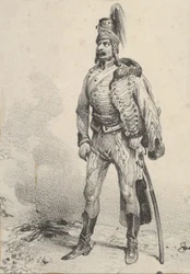 Soldado de pie con su chaqueta en un hombro