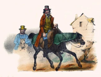 El comerciante de ganado trotando calculando su beneficio. En "Album Grotesque, Choices of Outstanding Types", ilustraciones de Victor Adam, París, circa 1850.