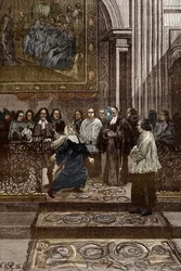 Affaire des possedes de Loudun (demonios de Loudun) hacia 1630: "Exorcismo de la madre poseída superiora del convento de las ursulinas por el cura de Chinon, Pierre Barre a raíz de los sucesos de las "Posesiones de Loudun", ilustración para poseídos de Lou