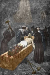 Caso de los Posssedes de Loudun (demonios de Loudun) hacia 1630: caza de brujas, el sacerdote francés Urbain Grandier (1590-1634) que supuestamente hizo un pacto con el diablo y acusa de haber embrujado a monjas, es torturado para bordar - (Urbain Grandier