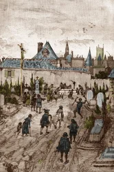 Convulsionario jansenista (o Saint Medard) (Trabajos de convulsiones) en el siglo XVIII: "los enfermos y enfermas van al cementerio de Saint-Medard (donde está la tumba del diácono François Paris) para ser gueris milagrosamente" (Prácticas convulsionnaire 
