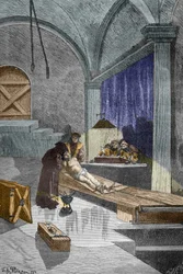 El sacerdote Pierre Aupetit acusado de brujería sometido a tortura antes de ser quemado vivo, 25/05/1588 (grabado)