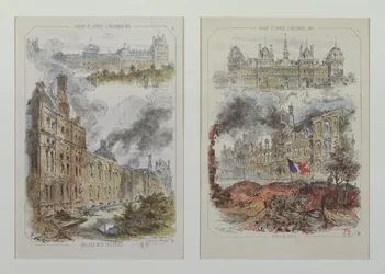 Vistas del Palacio de las Tullerías y el Hotel de Ville antes y después de los incendios de 1871