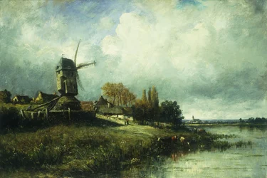 Un paisaje de río con un molino de viento, 1870